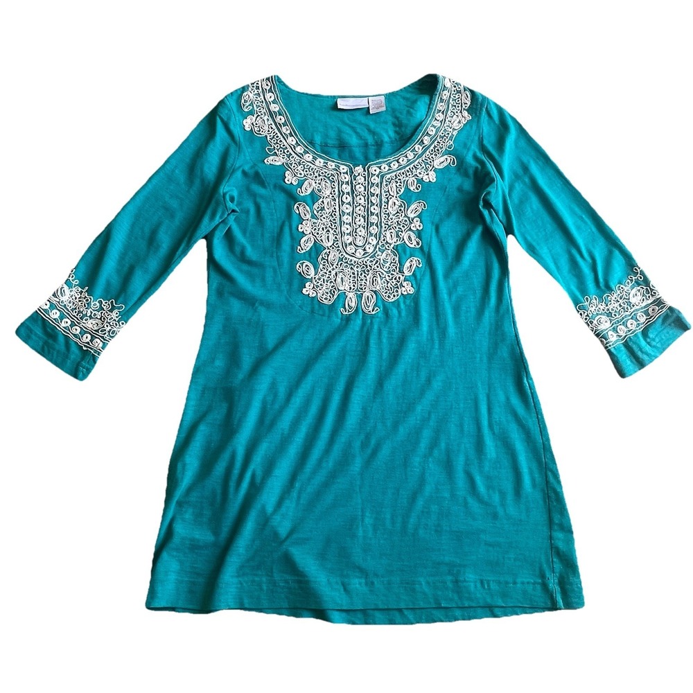 Soft Surrroundings‎ Petite Small Tunic Top Teal White Embroidered Cotton Boho**